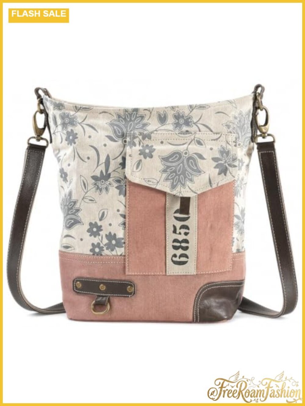 Floral Print Leather Canvas Crossbody Bag Adjustable Strap Handcrafted
